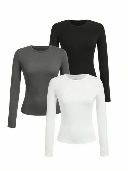 Women's Solid Color Long Sleeve T-Shirt – Round Neck Knitted Polyester Regular Fit Fall Winter Top