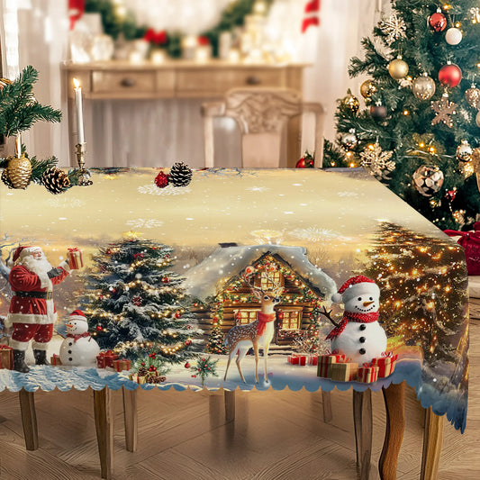 2025 Vintage Khaki Christmas Tablecloth – Santa Claus & Reindeer Sleigh Pattern, Holiday Party Decoration