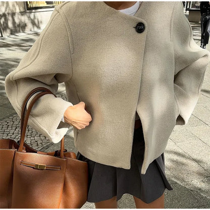 2024 Women's Elegant Solid Wool Blend Cardigan Coat – Round Neck, Single Button, Long Sleeve High Street Outwear