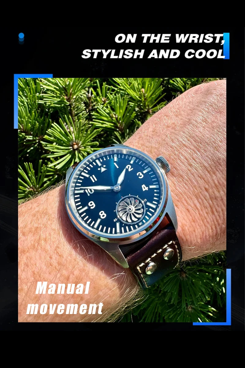 Hruodland 43MM Pilot Men’s Manual Mechanical Watch — Sapphire Crystal, BGW-9 Night Light, Turbine Design, Waterproof 5Bar
