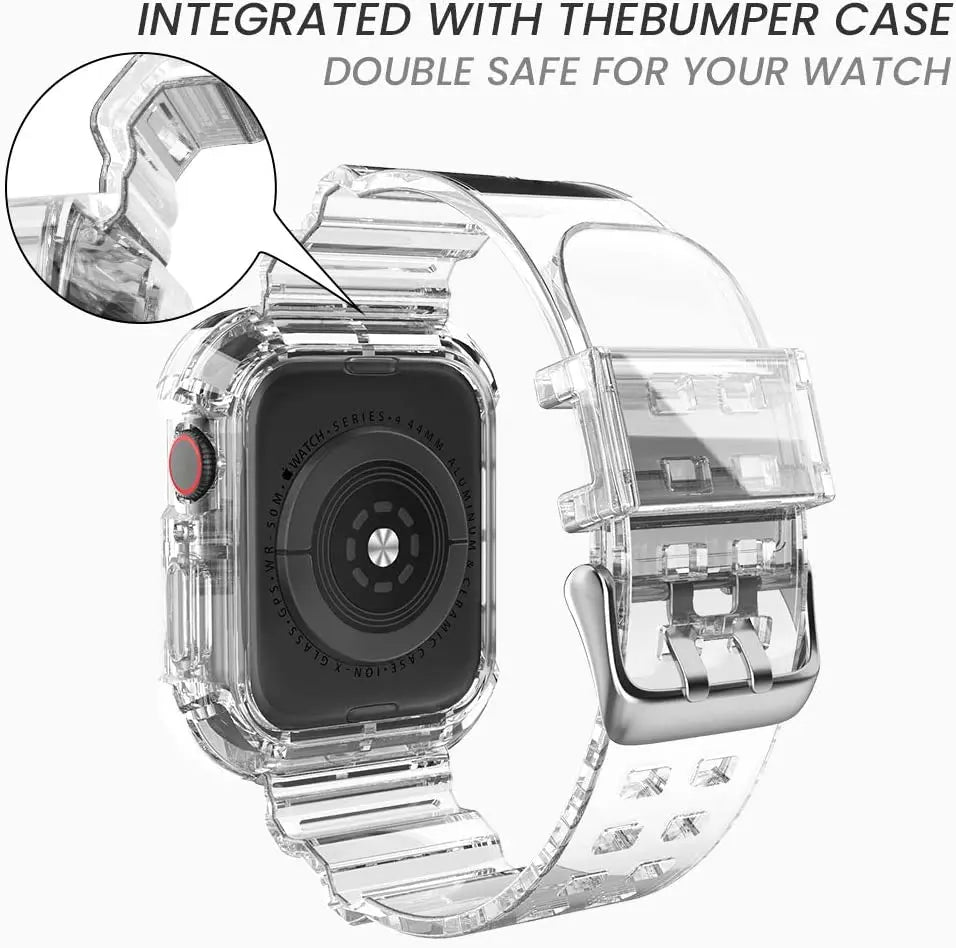 Clear Strap + Case for Apple Watch Series 5/SE/6/4/Ultra 8/7 – Transparent Plastic Band for 38mm, 40mm, 41mm, 42mm, 44mm, 45mm, 49mm