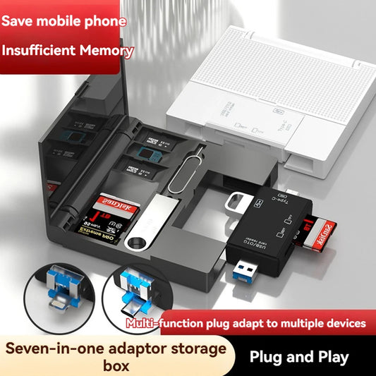 7-in-1 USB 2.0 Card Reader & Storage Box with TF SD Micro USB Type-C Adapter — Multifunction Memory Card Case