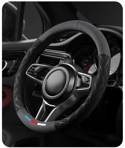 Universal Cowhide Suede Steering Wheel Cover — Breathable 37-38cm Car Accessory Wrap