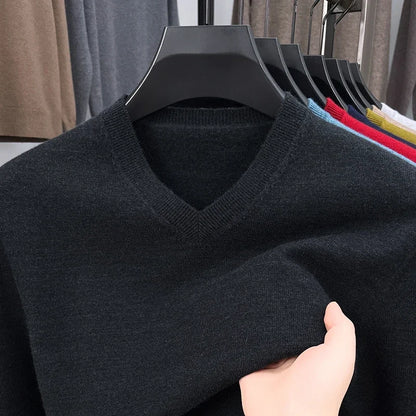 Men's V-Neck Knit Sweater - Solid Color Warm Elastic Oversized Autumn Pullover Casual Top