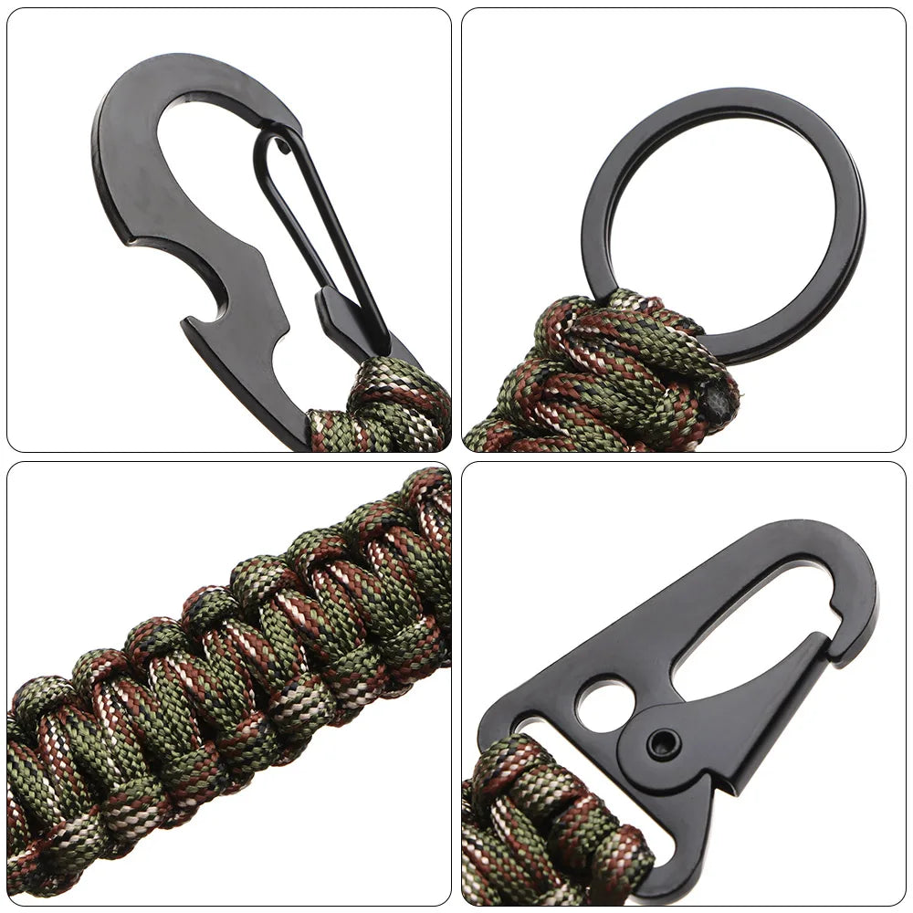 Outdoor Military Paracord Keychain: Camping Carabiner with Survival Tools - Emergency Knot, Bottle Opener, Rope, and Key Ring