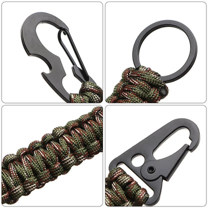 Outdoor Military Paracord Keychain: Camping Carabiner with Survival Tools - Emergency Knot, Bottle Opener, Rope, and Key Ring