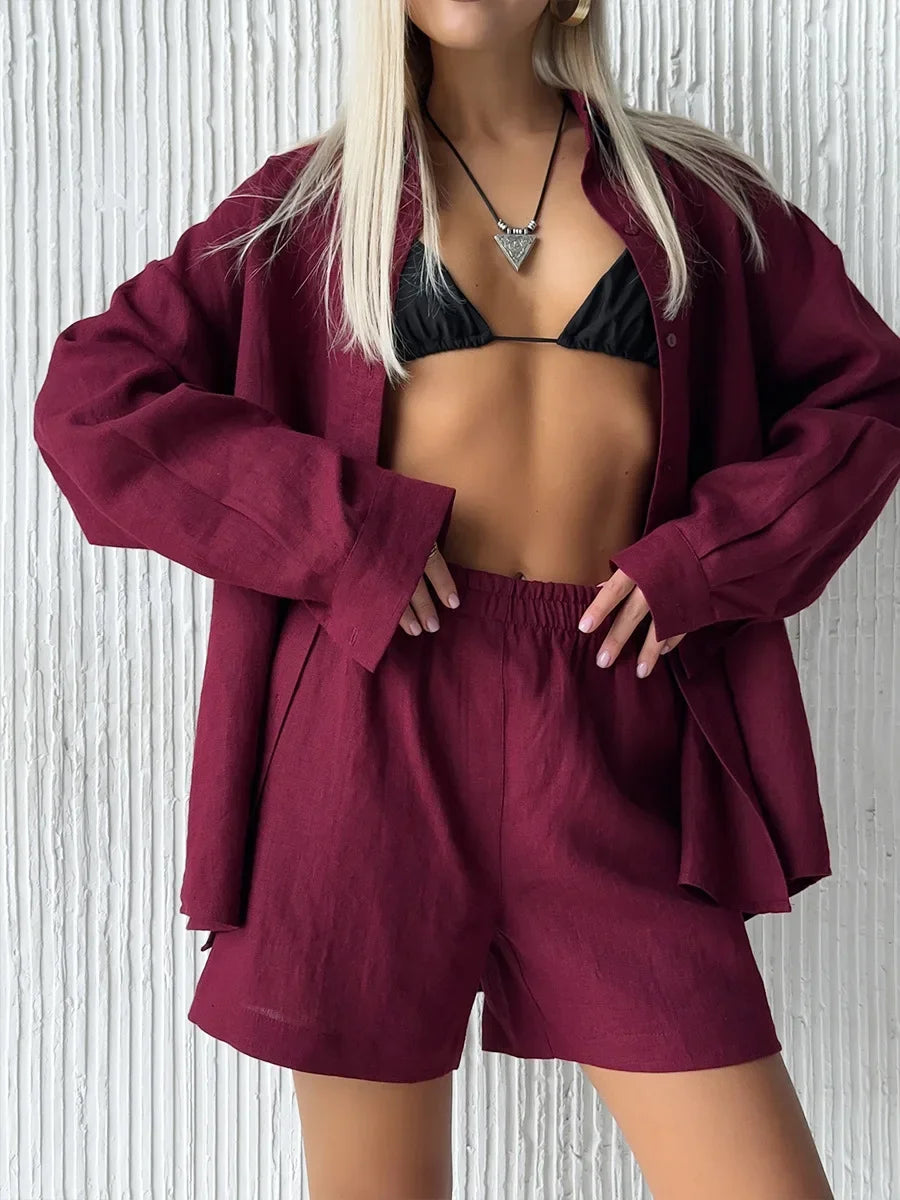 Bornladies Women’s Cotton Two-Piece Set – Solid Color Long Sleeve Shirt & Elastic Waist Shorts for Casual/Vacation