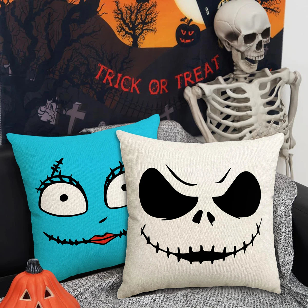 Halloween Pillow Covers — 1pc/4pcs Horror Expression Cushion Covers for Sofa & Home Decor