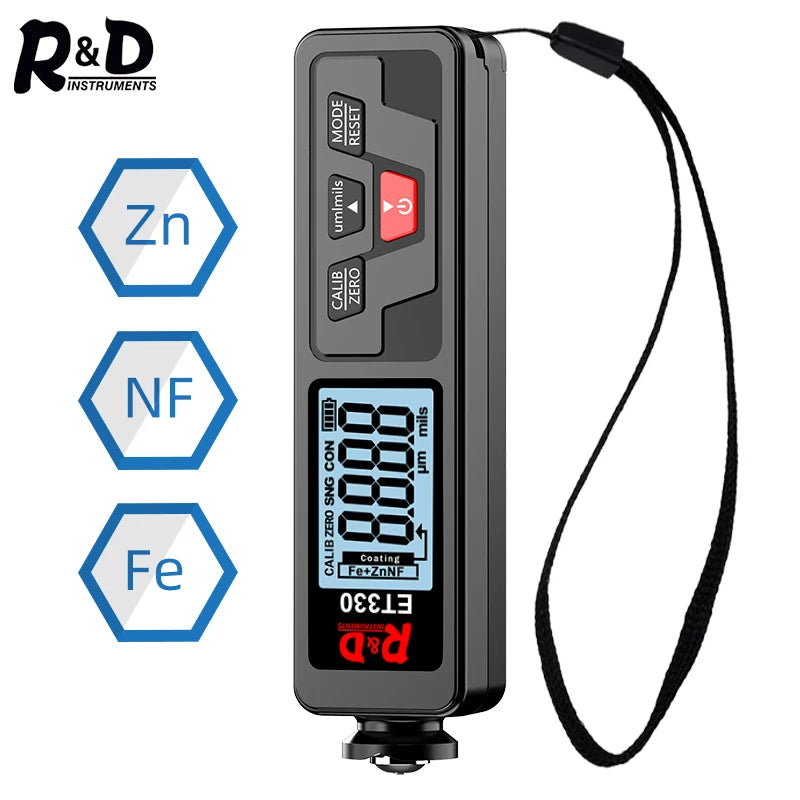 R&D ET330+Zn Car Paint Thickness Gauge - 0–1500μm Fe & NFe Coating Tester for Automotive Metal Surfaces