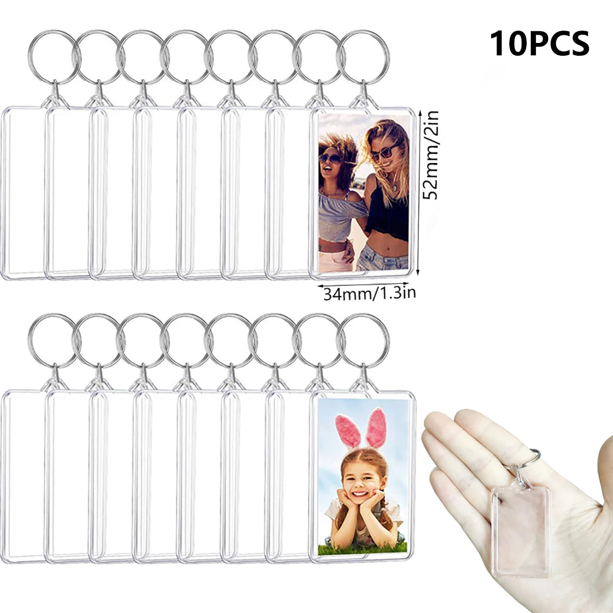 Transparent Photo Frame Keychain - Acrylic Snap-In Custom Picture Pendant with Tassel, 10-Piece Set