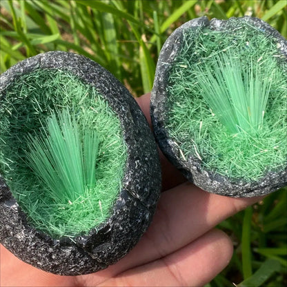 Raw Green Magnetite & Quartz Crystal Cluster - Egg-Shaped Mineral Specimen with Pyrite & Ice Crystals
