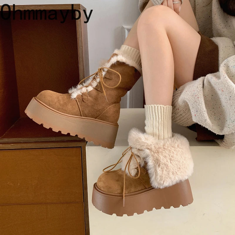 Women’s Winter Chunky Sole Fur Snow Boots – Cozy Height-Boosting Cotton Short Booties