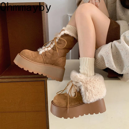 Women’s Winter Chunky Sole Fur Snow Boots – Cozy Height-Boosting Cotton Short Booties