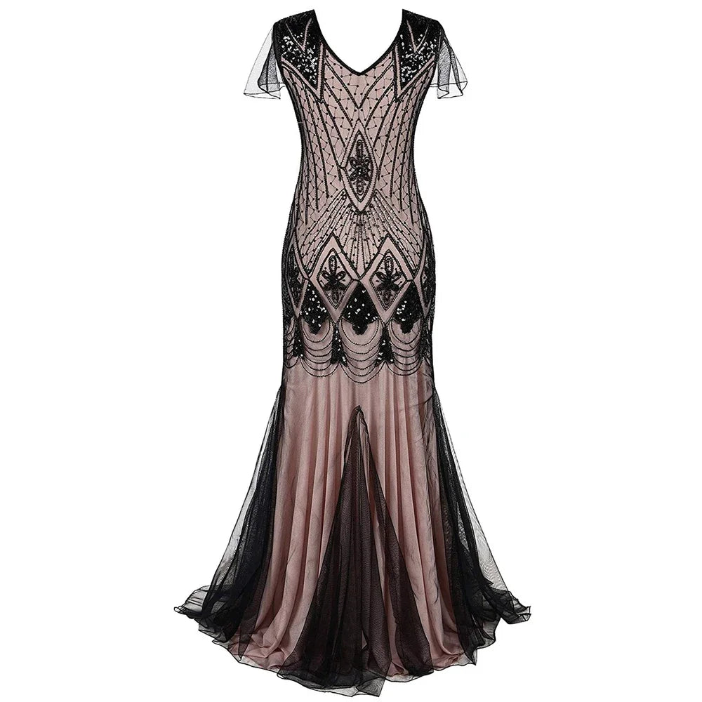 Women’s 1920s Great Gatsby Flapper Dress – Vintage V-Neck Sequin & Bead Long Mesh Maxi Party Prom Gown