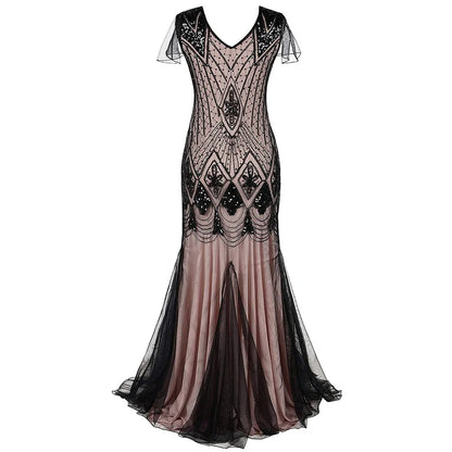 Women’s 1920s Great Gatsby Flapper Dress – Vintage V-Neck Sequin & Bead Long Mesh Maxi Party Prom Gown