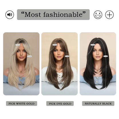 7JHH Honey Blonde Wig with Bangs - Long Brown Layered Heat Resistant Synthetic Wig for Women, Daily Use