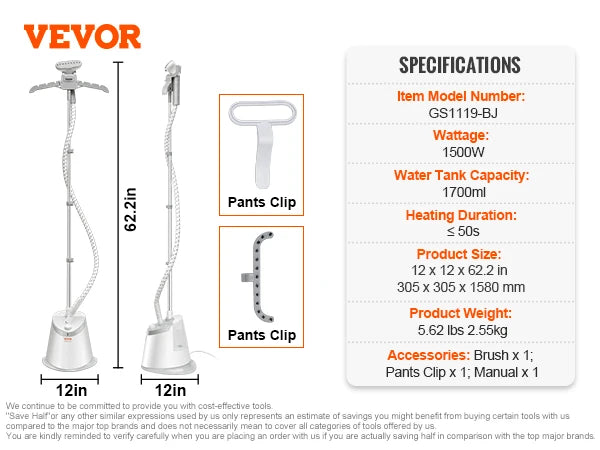 VEVOR Standing Garment Steamer with Foldable Hanger - 0.5 Gallon Tank for 90-Minute Continuous Home Steam Cleaning