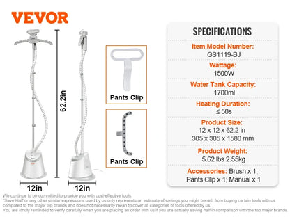 VEVOR Standing Garment Steamer with Foldable Hanger - 0.5 Gallon Tank for 90-Minute Continuous Home Steam Cleaning