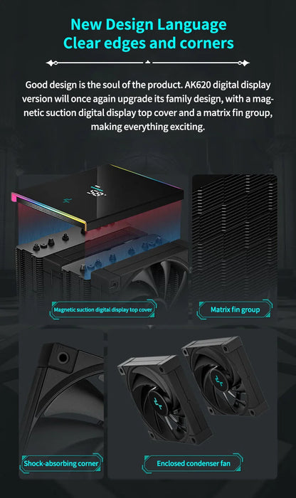 DeepCool AK620 CPU Cooler - Digital Display, 6 Heat Pipes, Twin Towers Radiator for LGA 2066, 2011, 1700, 1200, 115X, AM5 & AM4