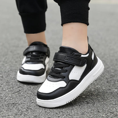 Children’s Black Leather Sneakers – Non-Slip Casual Flat Walking Shoes for Boys & Girls, Lightweight Student Sports Footwear