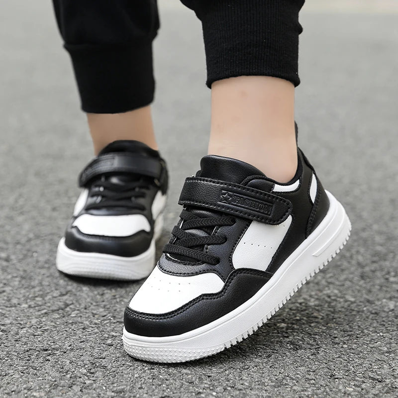 Kids' Black Leather Sneakers – Non-Slip Casual Walking & Tennis Shoes for Boys and Girls