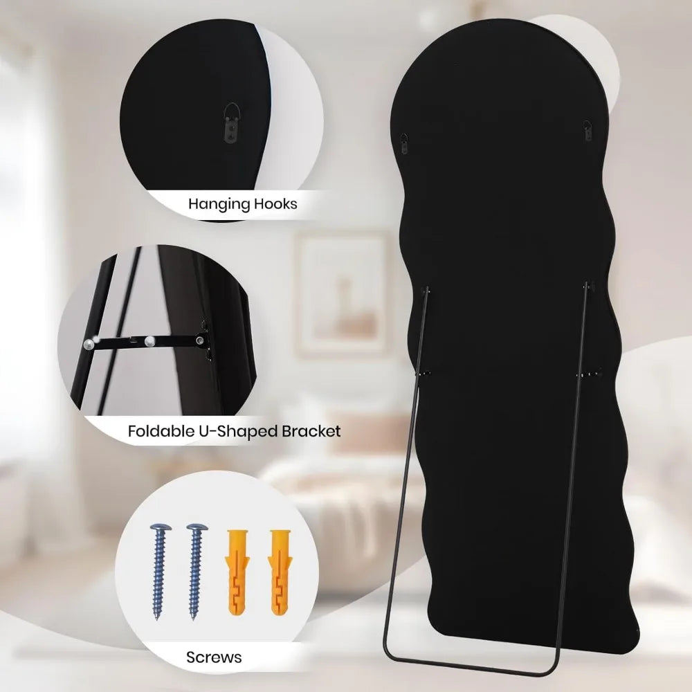 Full-Length Arched Floor Mirror – 63"x24" Wavy Full Body Mirror with Stand, Wall Mounted Leaning Milk Tea Flannel Frame