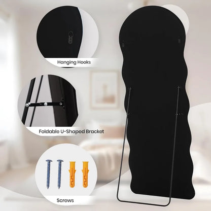 Full-Length Arched Floor Mirror – 63"x24" Wavy Full Body Mirror with Stand, Wall Mounted Leaning Milk Tea Flannel Frame