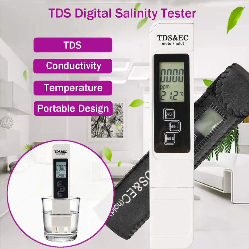 White Digital Water Quality Tester - TDS EC Meter, Multifunctional Water Purity & Temperature TEMP PPM Tester (0-9990 Range)