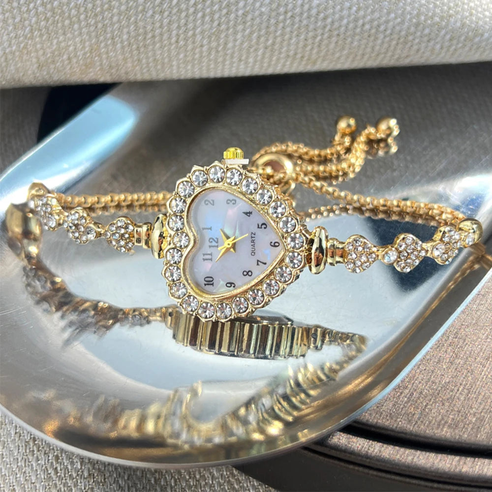 Women's Heart Ribbon Diamond Flower Watch - Fashion Adjustable Bracelet Wristwatch with Elegant Design
