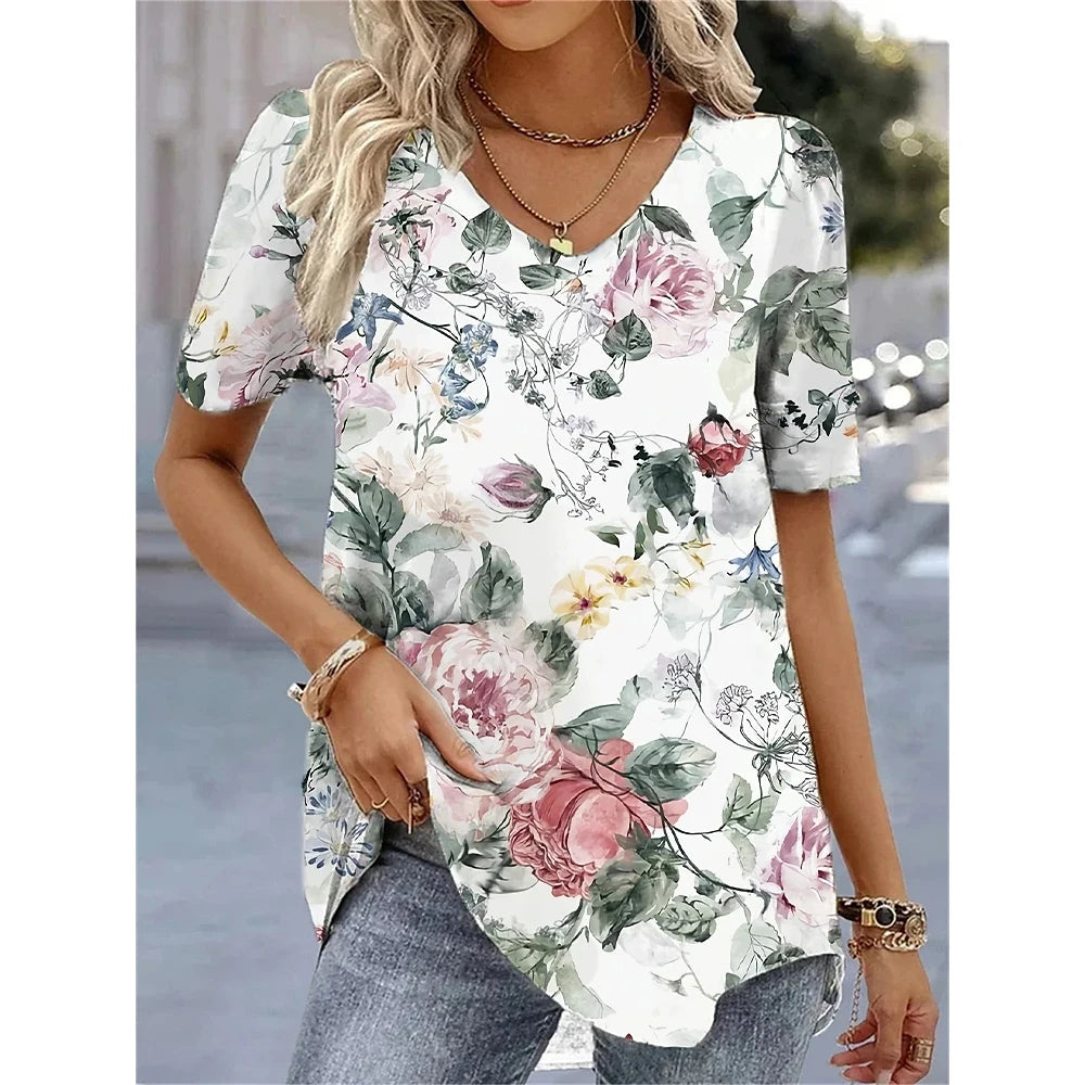 Women's 3D Flower Print V-Neck T-Shirt - Oversized Kawaii Summer Casual Blouse Top Fashion Clothing