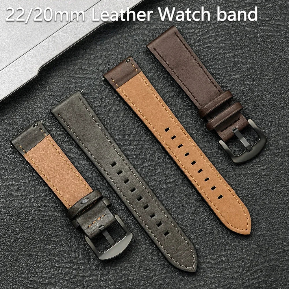 Leather Watch Strap 20mm/22mm - Vintage Replacement Band for Samsung Galaxy Watch 7/6/5/4 and Xiaomi Redmi Watch 3 Lite/Active