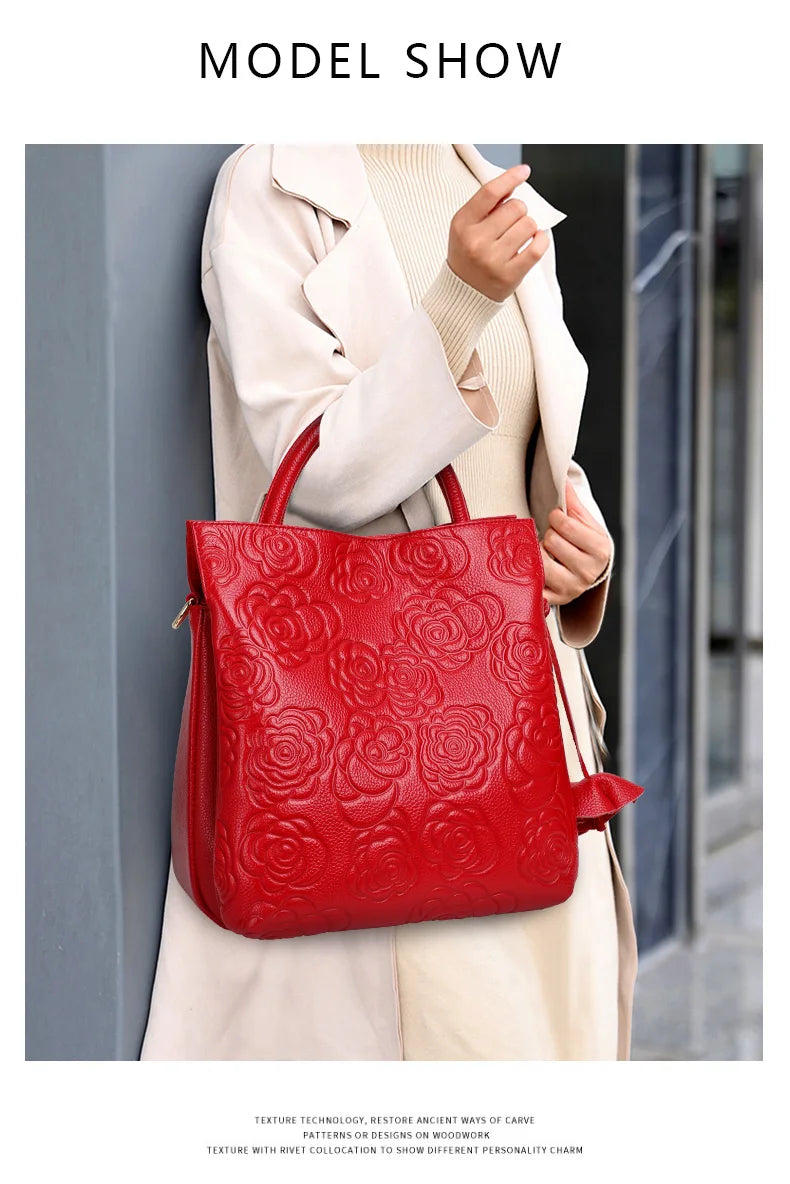 Classic Embossed Women’s Leather Bag — Large Capacity Top Cowhide Crossbody Purse