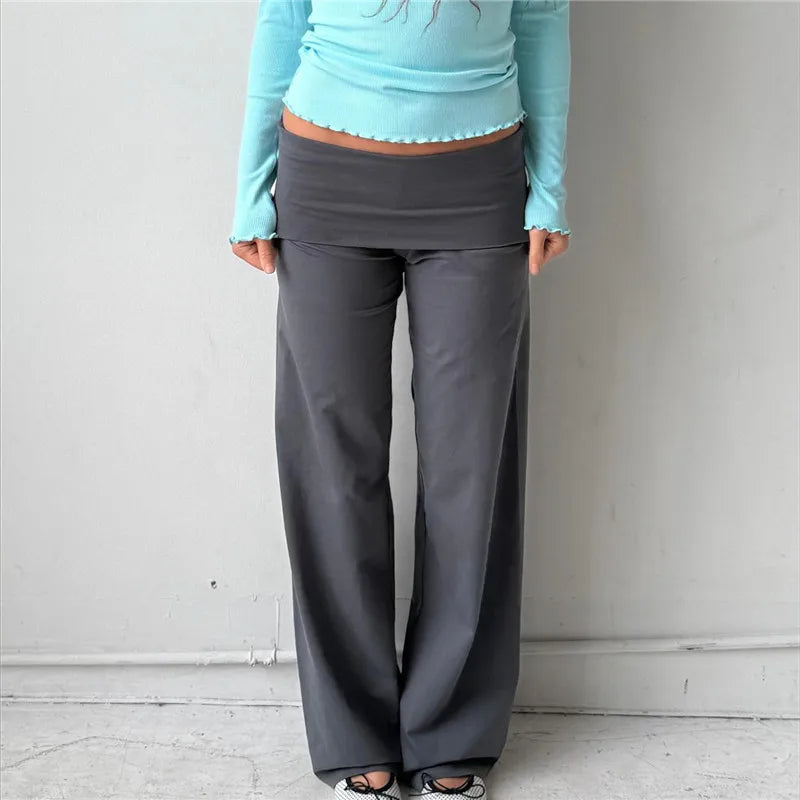 Women's Wide Leg Fold Over Pants - Solid Color Y2K Casual Streetwear Trousers