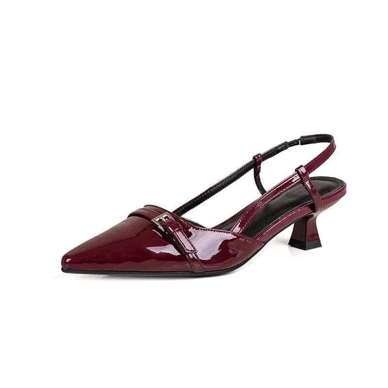 2024 Summer French Wine Red Pointed Patent Leather Mid-Heel Sandals for Women - Retro Skinny Heel