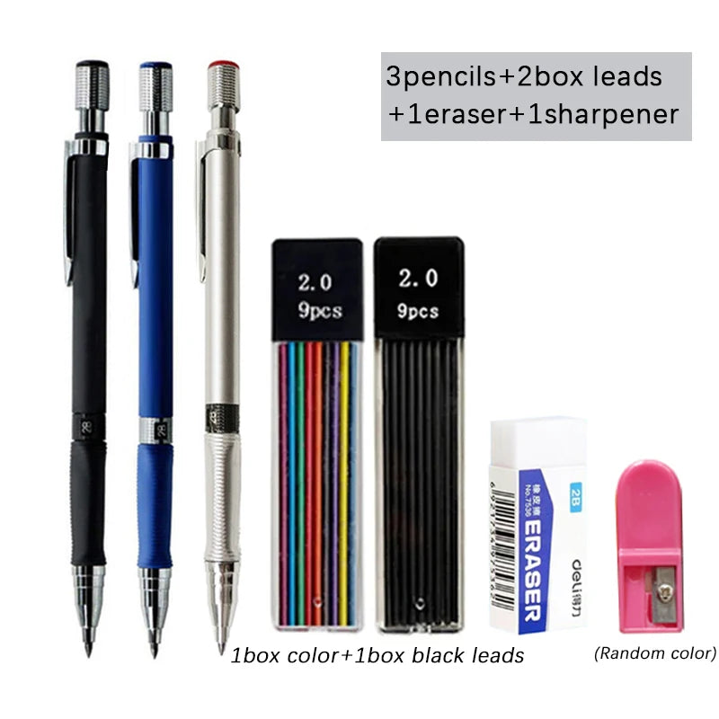 2.0mm Mechanical Pencil Set with 2B Black & Color Lead Refills – Automatic Drawing, Sketching & Writing Pencils for School & Art