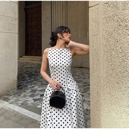 Elegant Women’s Polka Dot Maxi Dress – Chic Sleeveless Round Neck High Waist Slim Fit Vestido for Party & Street, 2025 New