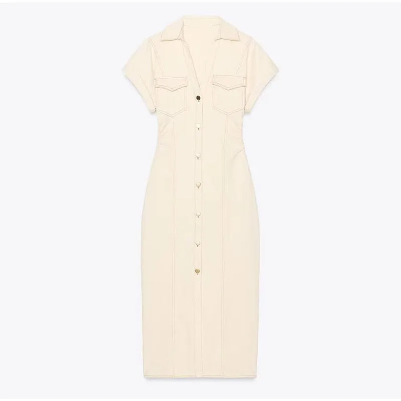 Women’s Chic White Denim Dress – Casual Lapel Long Slim Maxi, Single-Breasted Short Sleeve Summer Dress