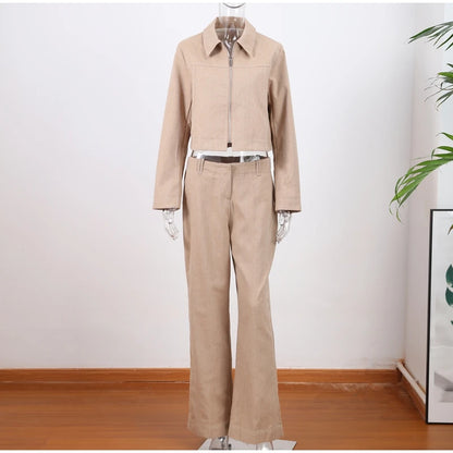 Women’s Cotton Linen Trousers Set — Casual Lapel Crop Top & Straight Pants Streetwear Spring Autumn Outfit