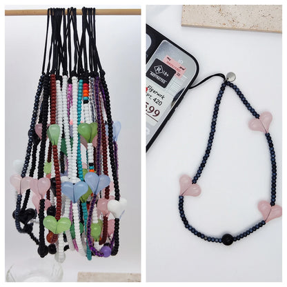 KPOP Black Matte Bead Phone Charm with Pink Heart – Style Phone Strap Lanyard Jewelry Accessory