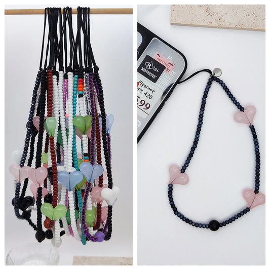 KPOP Black Matte Bead Phone Charm with Pink Heart – Style Phone Strap Lanyard Jewelry Accessory