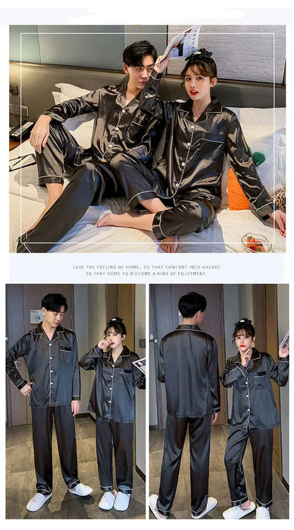 Solid Color Silk Satin Pajama Set – Long Button-Down Sleepwear for Couples, Women & Men Loungewear Plus Size