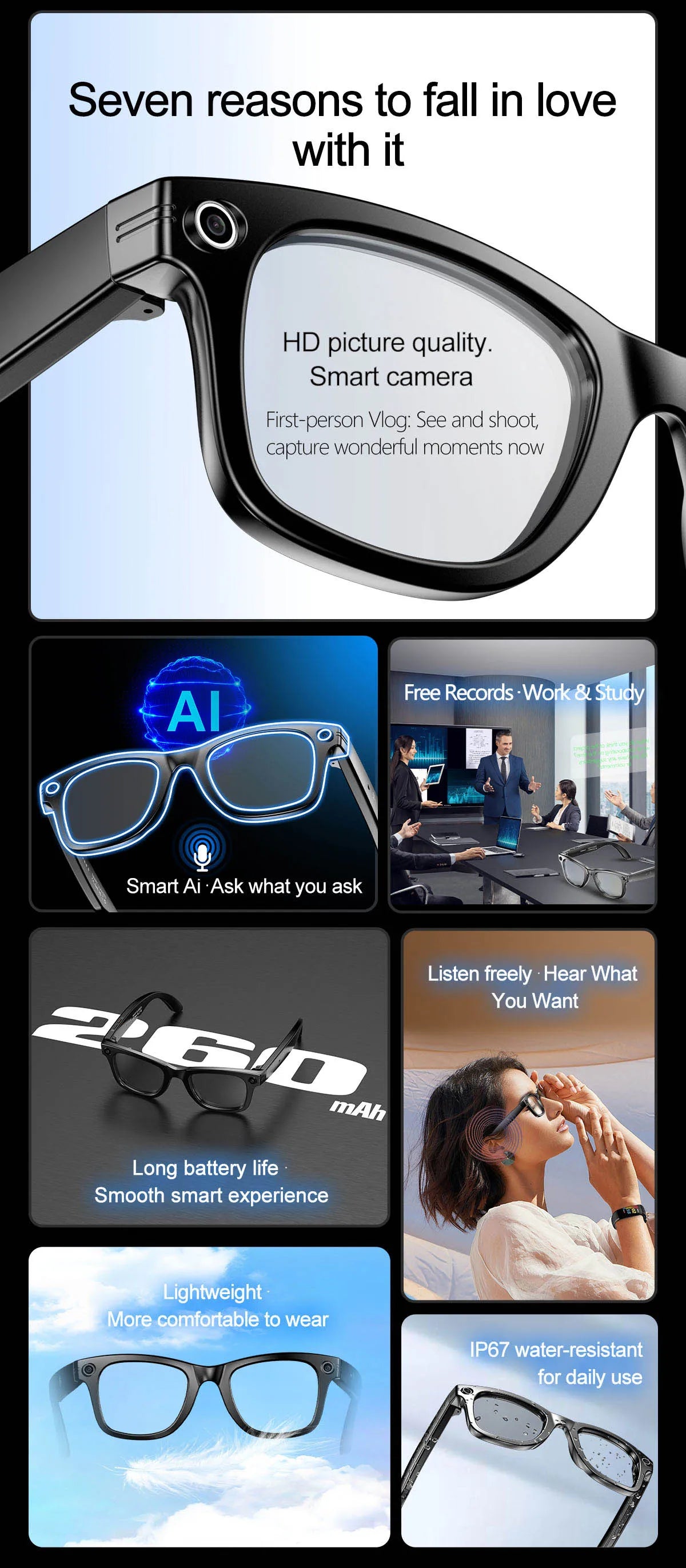 Smart AI Glasses — Video Recording, Photo Recognition, Translation, Bluetooth with 260mAh Battery, IP65 Waterproof