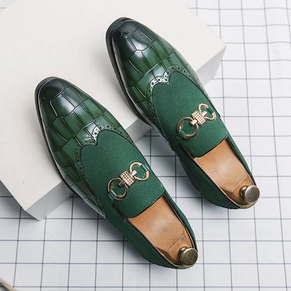 Autumn Green Nubuck Leather Loafers for Men - Slip-On Pointed Toe Casual Shoes with Thick Sole and Luxury Fashion Style