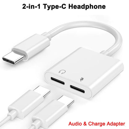 2-in-1 USB-C to 3.5mm Audio Adapter — Dual Type-C Jack Charging & Aux Cable for Samsung, Xiaomi Wired Earphones