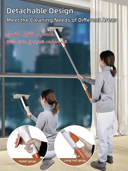 Double-Sided Window Cleaning Tool - Spray Glass Cleaner with Scrubber Handle and Outdoor Squeegee
