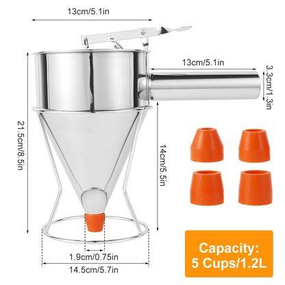 Stainless Steel Pancake Batter Dispenser with Stand – Multi-Caliber Funnel for Cupcakes & Baking Tools