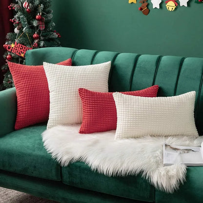 Christmas Red Corduroy Throw Pillow Covers – Soft Decorative Lumbar Cushion Cases for Holiday Home Decor