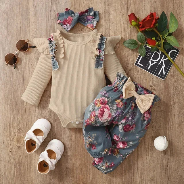 Newborn Baby Girls Clothes Set – Pink Ruffle Top & Heart Print Bow Trousers, Princess Casual Outfit for Infants