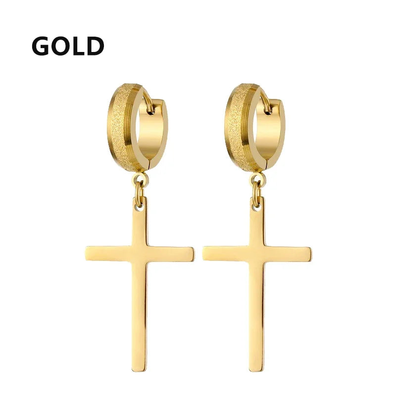 Stainless Steel Cross Star Dangle Earrings - Punk Gothic Hoop Huggie Jewelry for Men & Women