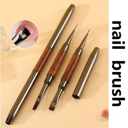 Double-Head Sandalwood Handle Nail Brush – Liner Brush Painting Pen, Gel Brush for Crystal Nail Art Manicure